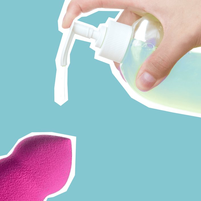 hand pumping liquid soap on makeup sponge