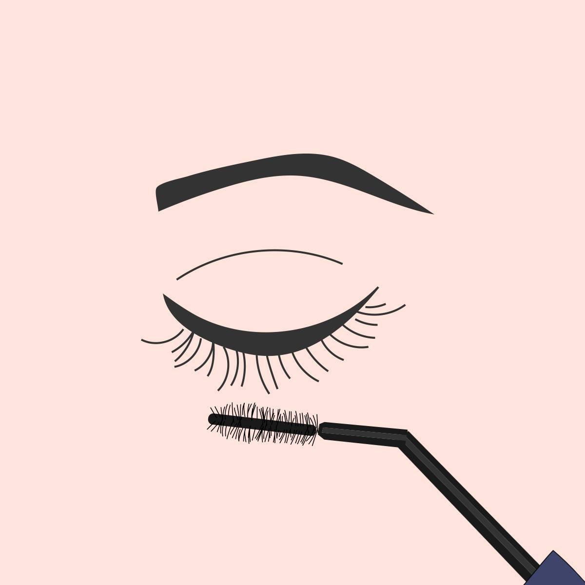 illustration of eyebrow, outline of eye with eyelashes and mascara wand
