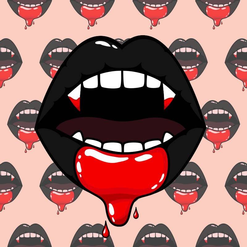 illustration of mouth wearing black lipstick with vampire fangs and blood dripping out
