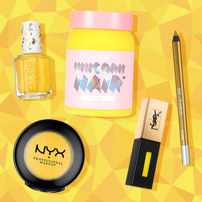 Essie Nail Polish in Aim to Misbehave, Lime Crime Unicorn Hair Color in Tweet, Urban Decay 24/7 Glide-On Eye Pencil in Goldmine, NYX Professional Makeup Hot Singles Eyeshadow in Matte Yellow, YSL Limited Edition Glossy Stain Undercoat