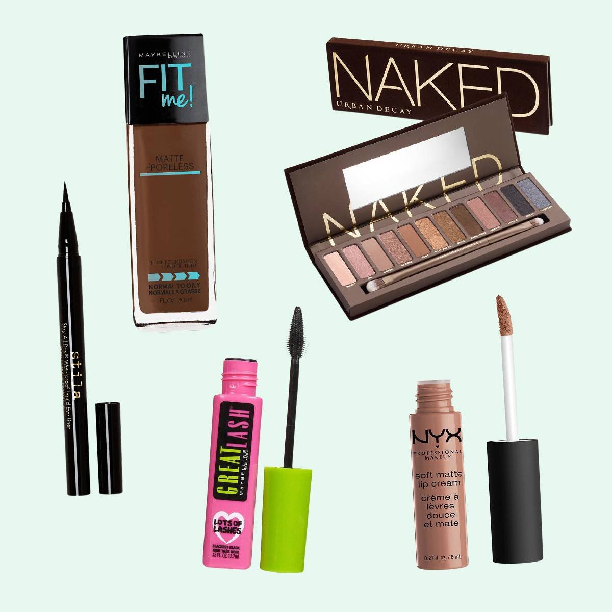 Stila Stay All Day Waterproof Liquid Liner, Maybelline Fit Me Foundation, Urban Decay Naked Palette, Maybelline Great Lash Mascara, NYX Professional Makeup Soft Matte Lip Cream