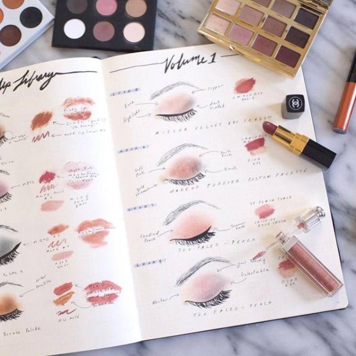 notebook with swatches of eyeshadow and lipstick surrounded by eyeshadow palettes and lipsticks