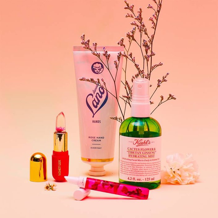 Winky Lux Flower Balm, Lanolips Rose Hand Cream, Kiehl’s Cactus Flower & Tibetan Ginseng Hydrating Mist, Lancôme Jelly Flower Tint