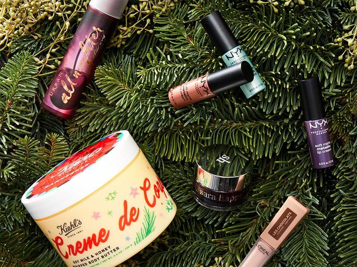 beauty products on christmas tree