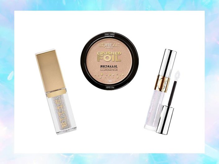 stila glitter and glow liquid eyeshadow in diamond dust, l'oreal paris crushed foil metallic highlighter in gilded gold, ysl gaze and gloss pearl on me