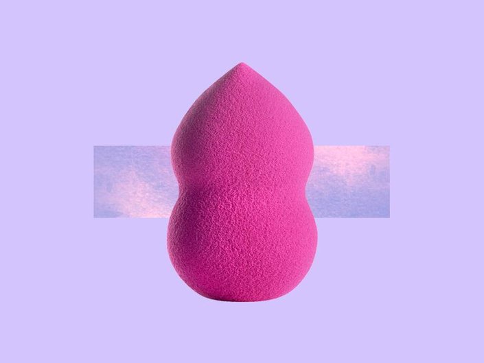 Pink L’Oréal Paris Infallible Makeup Sponge collaged on a light purple background