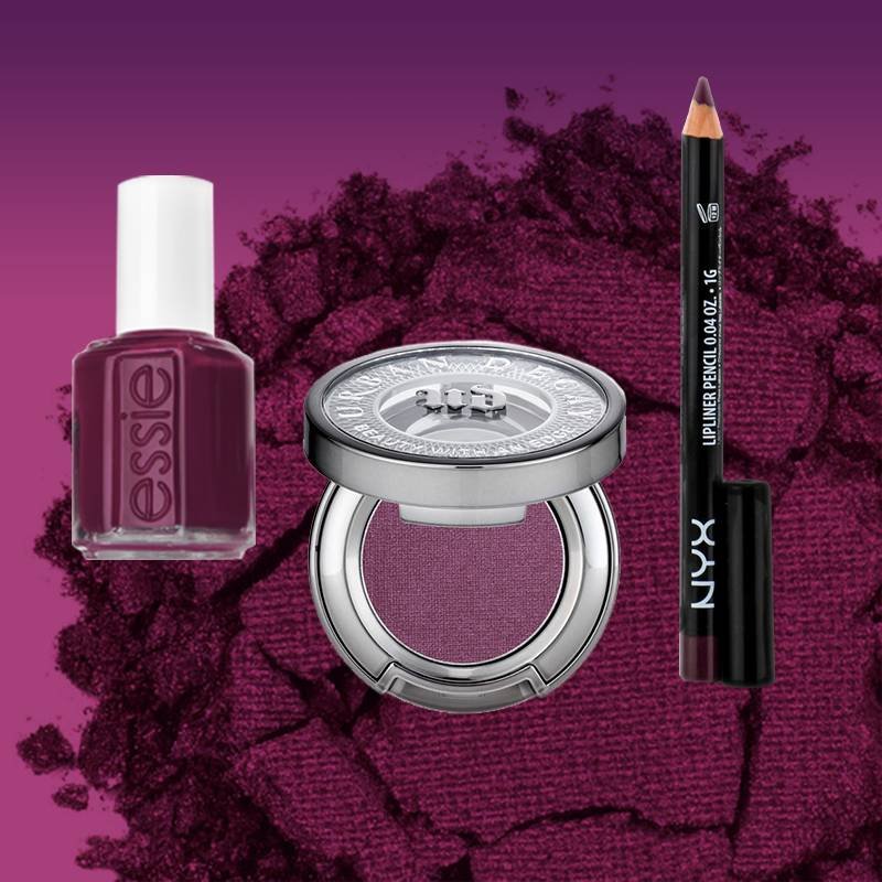 Essie Nail Polish in Bahama Mama, Urban Decay 24/7 Eyeshadow in Last Call, NYX Professional Makeup Slim Lip Pencil in Prune