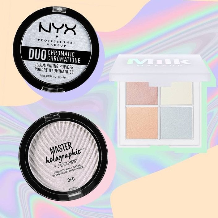 NYX Professional Makeup Duo Chromatic Illuminating Powder, Milk Makeup Holographic Highlighter Quad, Maybelline Master Prismatic Holographic Highlighting Powder