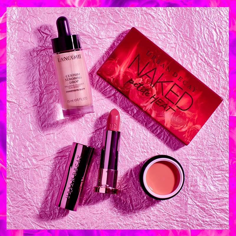 lancome custom strobing drop, urban decay naked petite palette, urban decay lipstick, cream blush pot