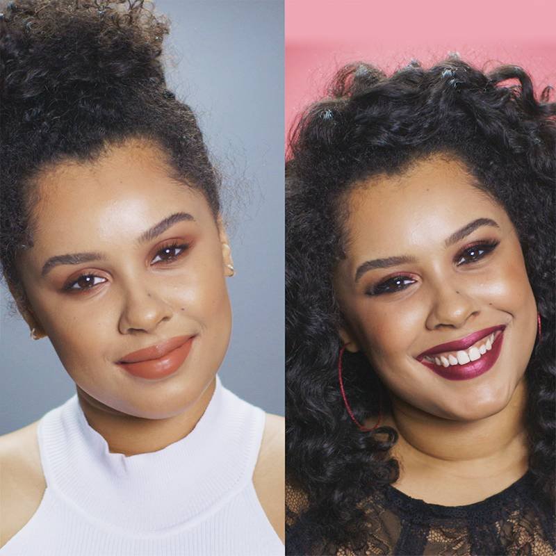 side by side images of person wearing nude lipstick and person wearing burgundy lipstick