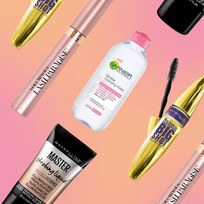 Maybelline Face Studio Master Strobing Liquid, Maybelline Colossal Big Shot Mascara, L’Oréal Paris Lash Paradise Mascara, Garnier Micellar Water