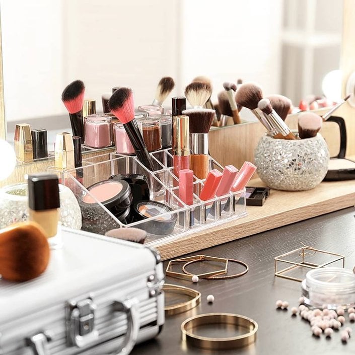 makeup organized on a vanity
