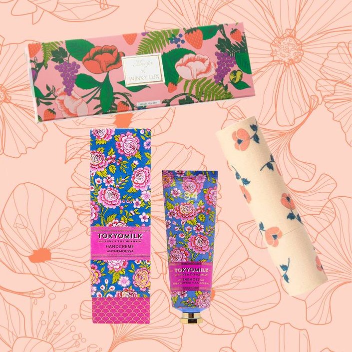 Winky Lux Marzia La Frutta Palette, Tokyomilk Anthemoessa Handcreme, Paul & Joe Floral Lipstick Case