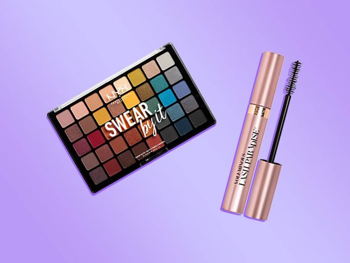 nyx professional makeup swear by it palette and l'oreal paris voluminous lash paradise mascara