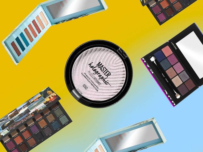 three eyeshadow palettes and one highlighter compact