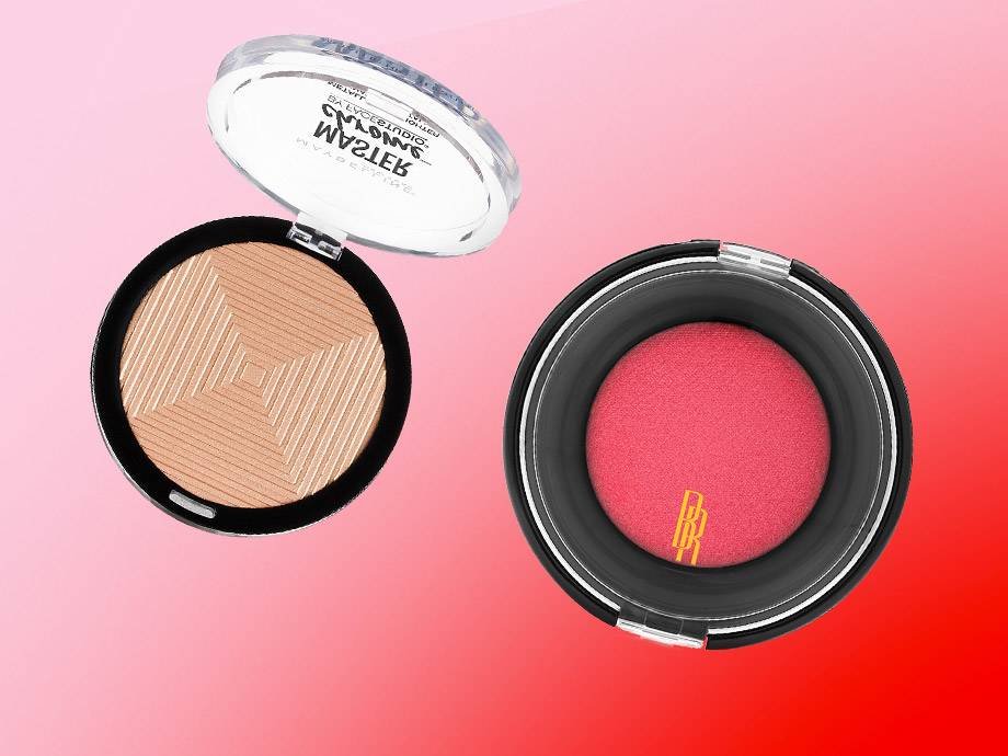 maybelline master chrome highlighter in molten gold and black radiance artisan color baked blush in raspberry