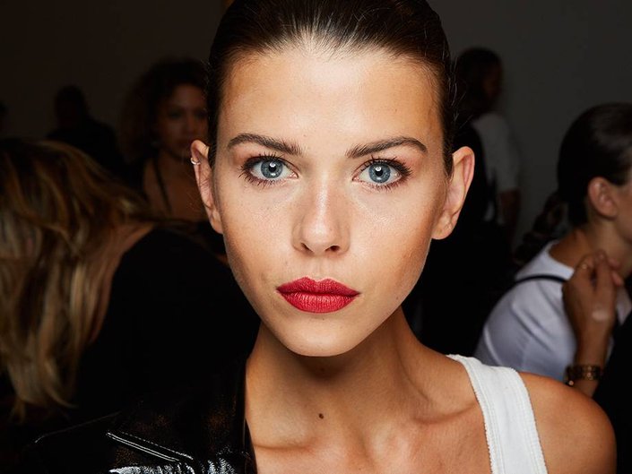 person wearing red lipstick