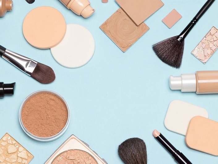beauty products on blue background