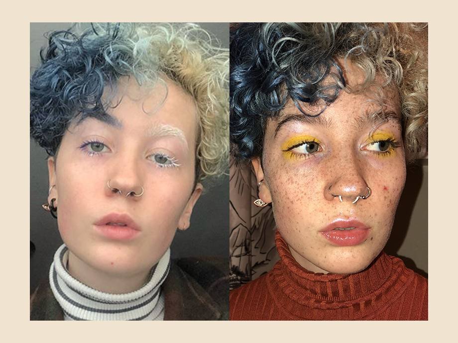 before and after of someone wearing fake freckles