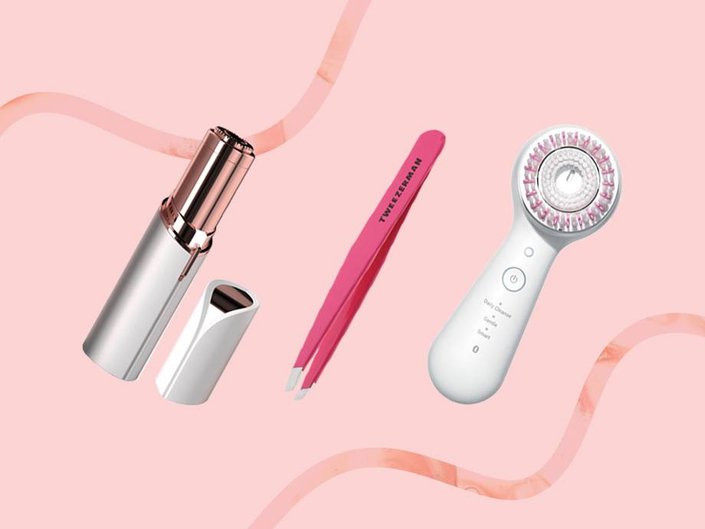 flawless by finishing touch, tweezerman slant tweezers, clarisonic mia smart
