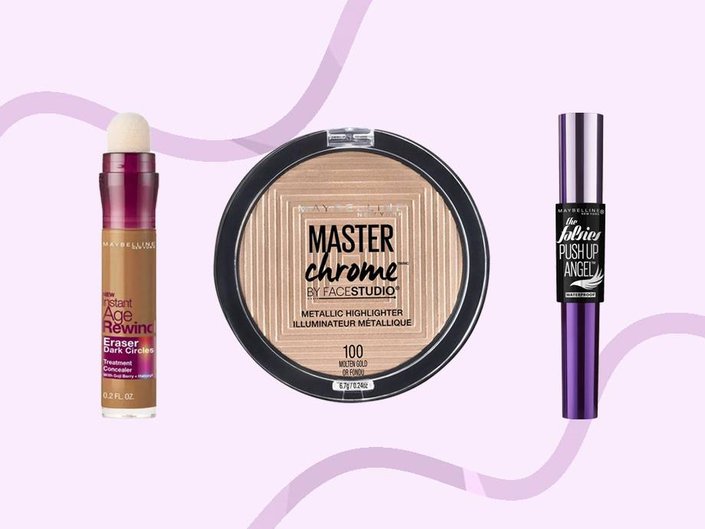 Maybelline New York Age Rewind Concealer in Tan, Maybelline New York Master Chrome Metallic Highlighter in Gold, Maybelline New York Falsies Push Up Angel Mascara