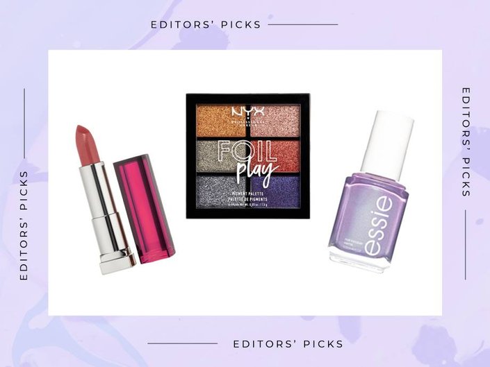 Maybelline Pink For Me Lipstick, NYX Professional Makeup Foil Play Pigment Palette, Essie Tiers of Joy Nail Polish