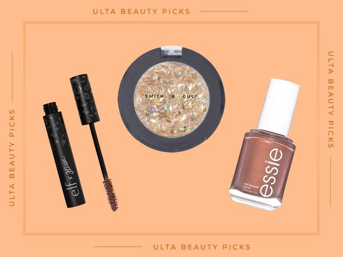 e.l.f. cosmetics x jkiss mascara, smith & cult all-over glitter crush, essie teacup half full nail polish