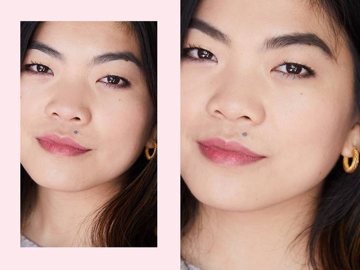 person before and after wearing eyebrow pencil