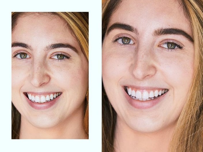 person before and after wearing eyebrow pencil