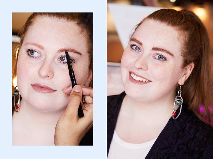 person before and after wearing eyebrow pencil