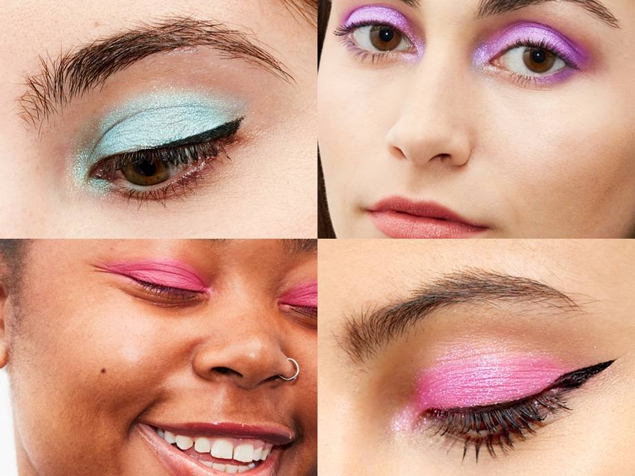 four people with different skin tones wearing different shades of bright eyeshadow