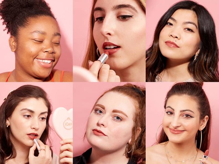six people with different skin tones wearing Maybelline Mauve for Me Lipstick