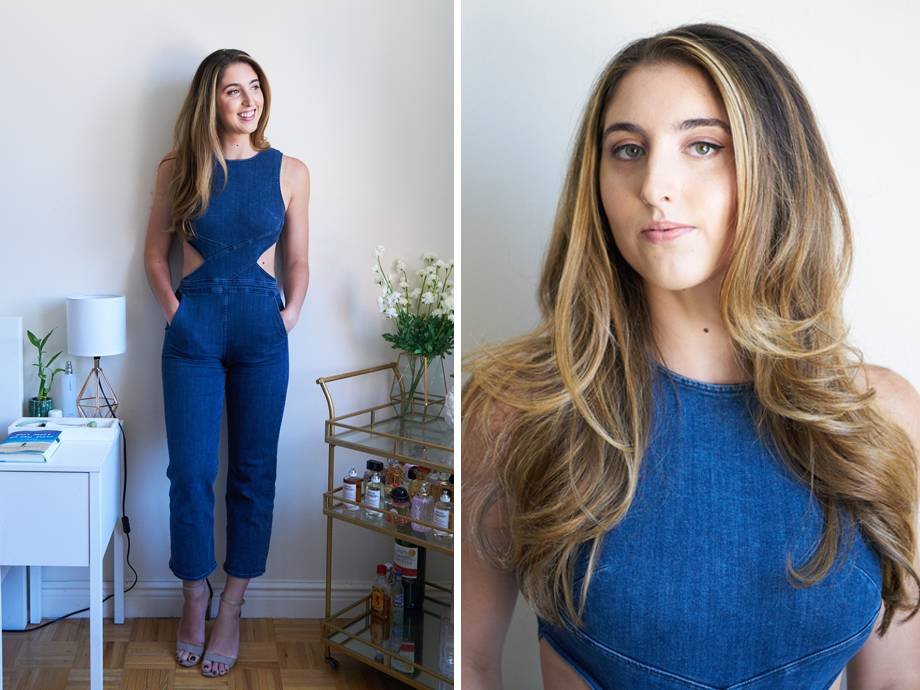 side by side image of a person with highlighted hair wearing a denim jumpsuit