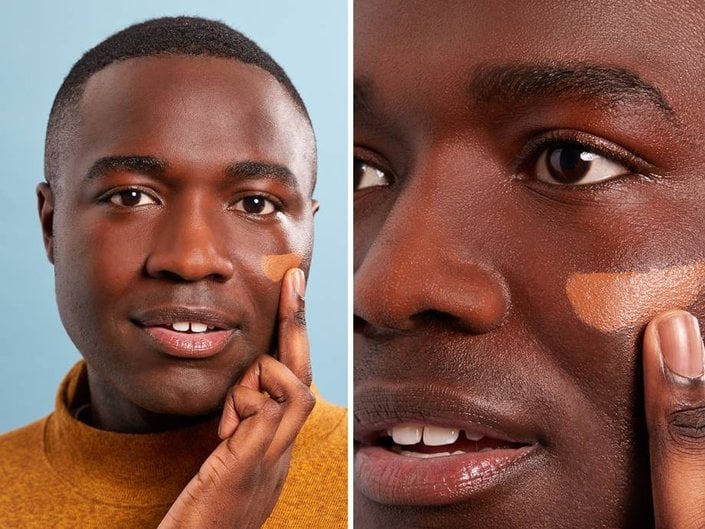 side by side images of person wearing concealer swatch on cheek