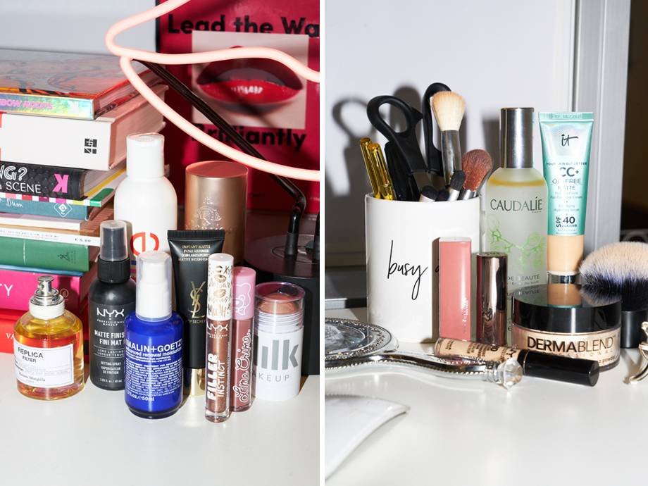 side by side images of beauty products on desks