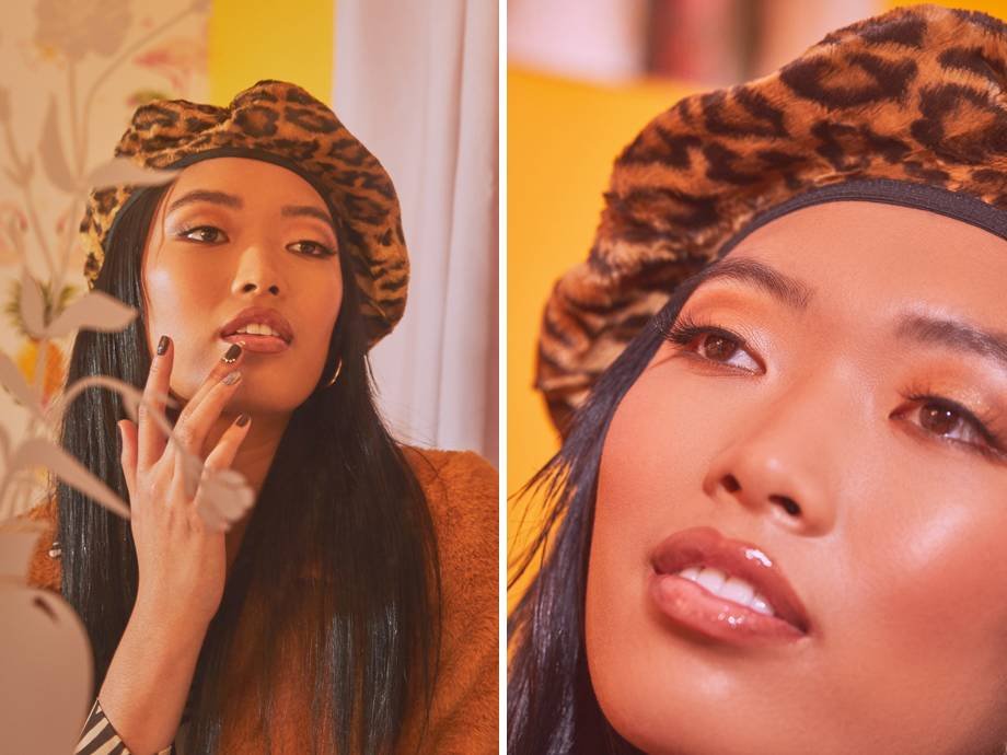 side by side images of person wearing leopard hat and neutral makeup