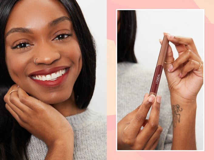person wearing red lipstick, hands holding L’Oréal Paris Infallible Matte Lip Crayon