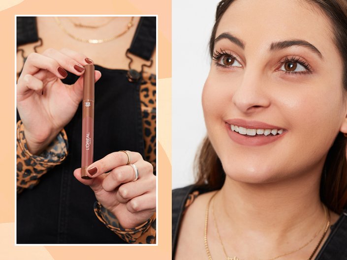 hands holding L’Oréal Paris Infallible Matte Lip Crayon, person wearing nude lipstick