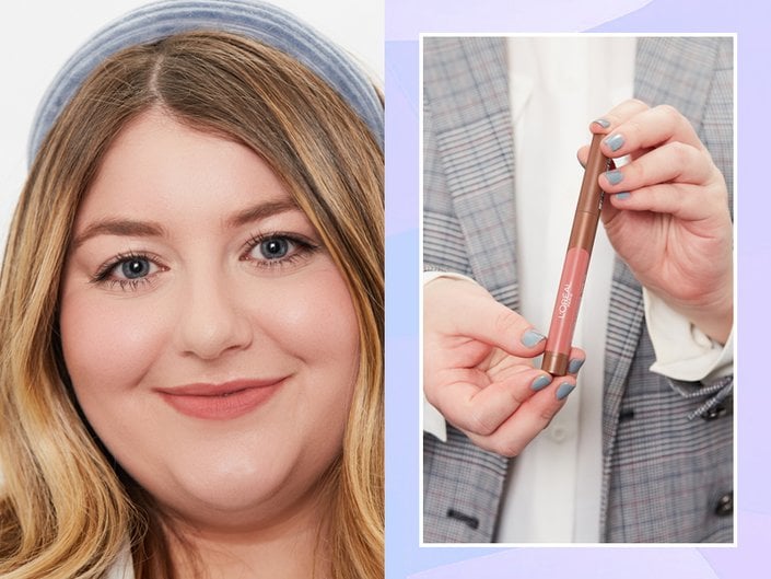person wearing nude lipstick, hands holding L’Oréal Paris Infallible Matte Lip Crayon