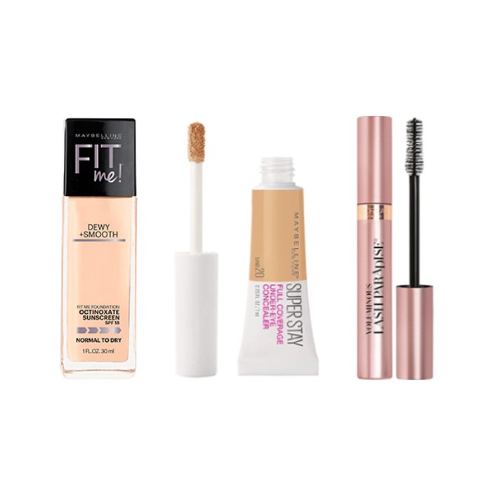 Maybelline New York Fit Me! Dewy + Smooth Foundation, Maybelline New York Super Stay Concealer, L'Oréal Paris Voluminous Lash Paradise Mascara