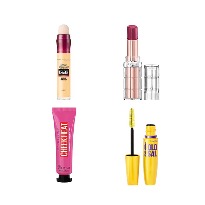 Maybelline New York Instant Age Rewind Concealer, L’Oréal Paris Colour Riche Plump and Shine, Maybelline New York Cheek Heat, Maybelline New York The Colossal Washable Mascara