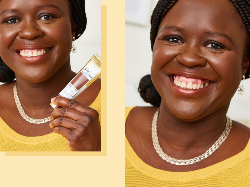 person posing with l'oreal paris age perfect radiant serum foundation