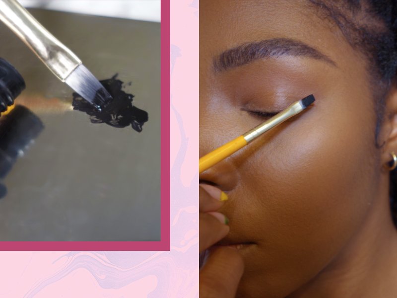 side by side of makeup brush in eyeshadow swatch and person applying eyeshadow to their eyelid