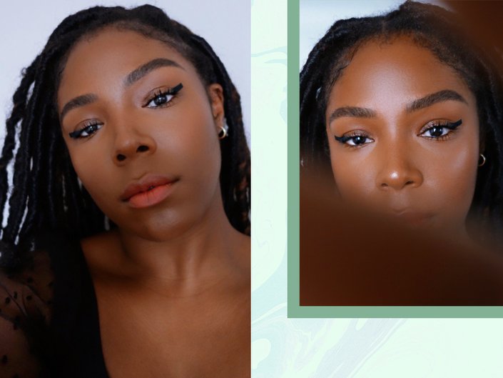 person wearing black square eye makeup