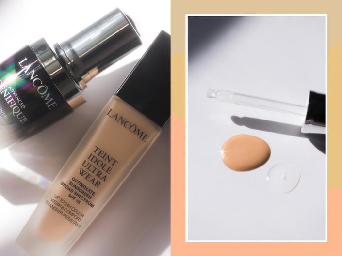 Lancôme Advanced Génifique Youth Activating Serum and Lancôme Teint Idole Ultra 24H Long Wear Foundation next to photo of dropper and foundation swatch