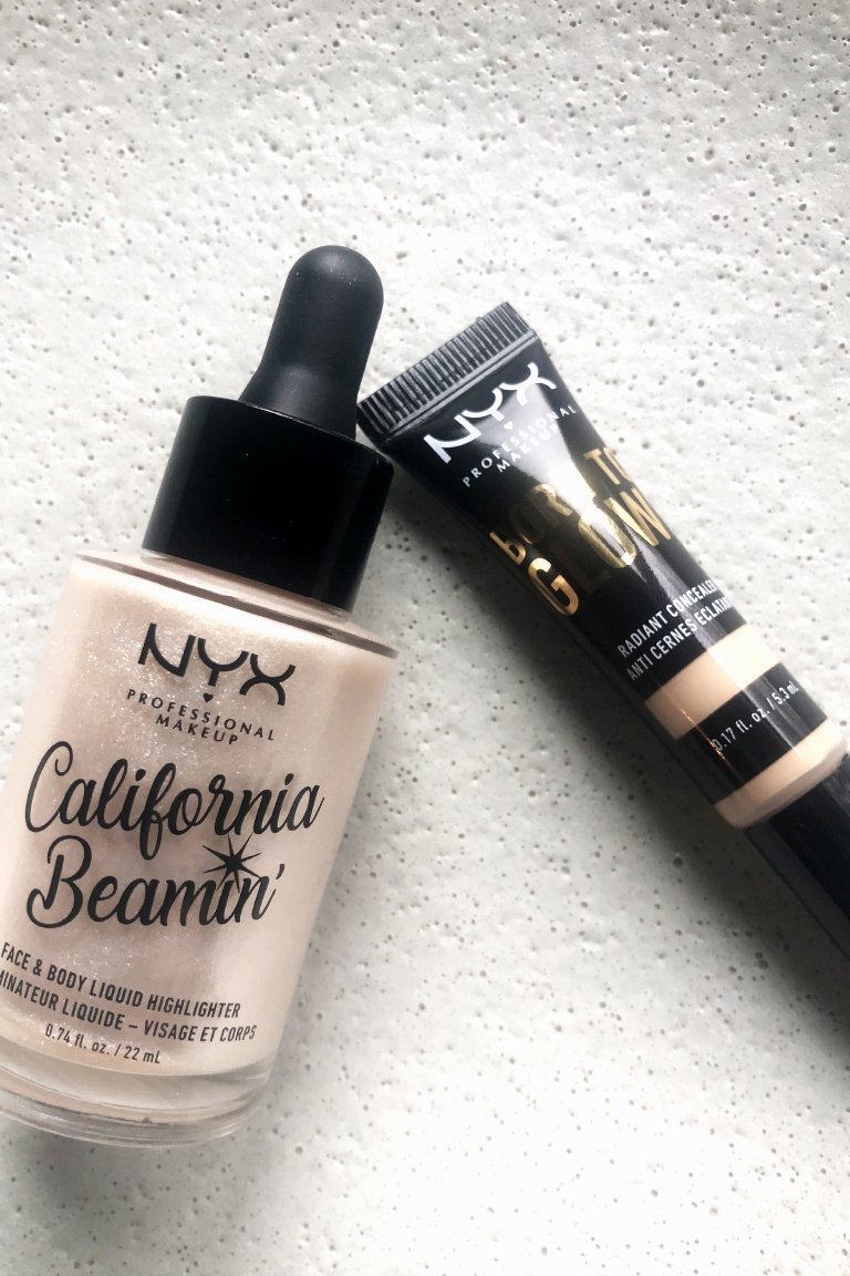 NYX Professional Makeup California Beamin’ Face and Body Liquid Highlighter and NYX Professional Makeup Born to Glow Radiant Concealer