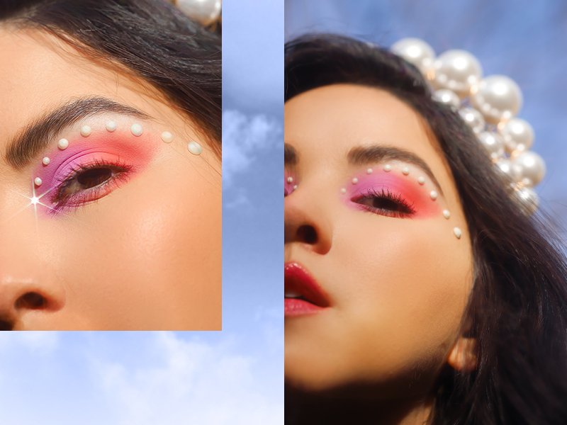 person wearing pink eye makeup with pearls on crease