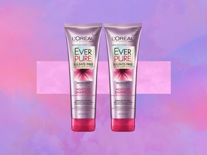 L’Oréal Paris EverPure Moisture Shampoo and Conditioner on graphic purple background