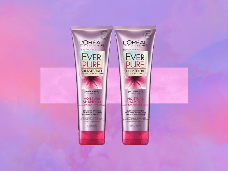 L’Oréal Paris EverPure Moisture Shampoo and Conditioner on graphic purple background 