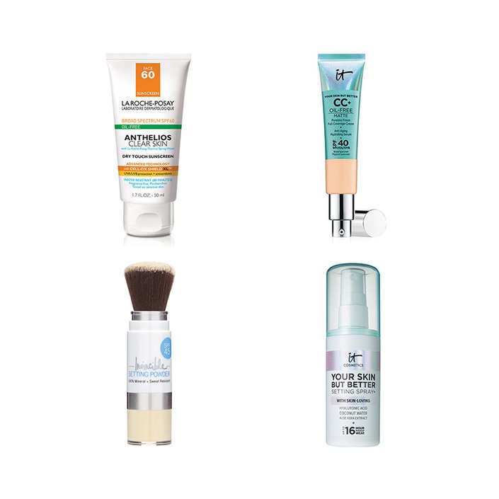 la roche posay sunscreen, it cosmetics cc cream, supergoop mineral sunscreen powder, it cosmetics your skin but better setting spray